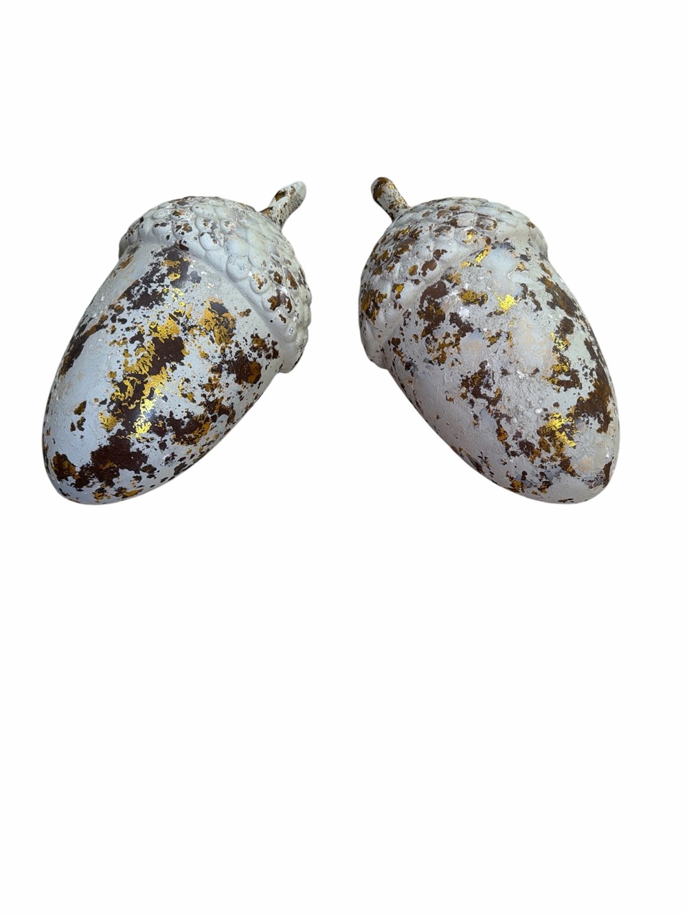 Set of 2 Large Distressed Acorn Decor White Gold Rustic Fall Farmhouse